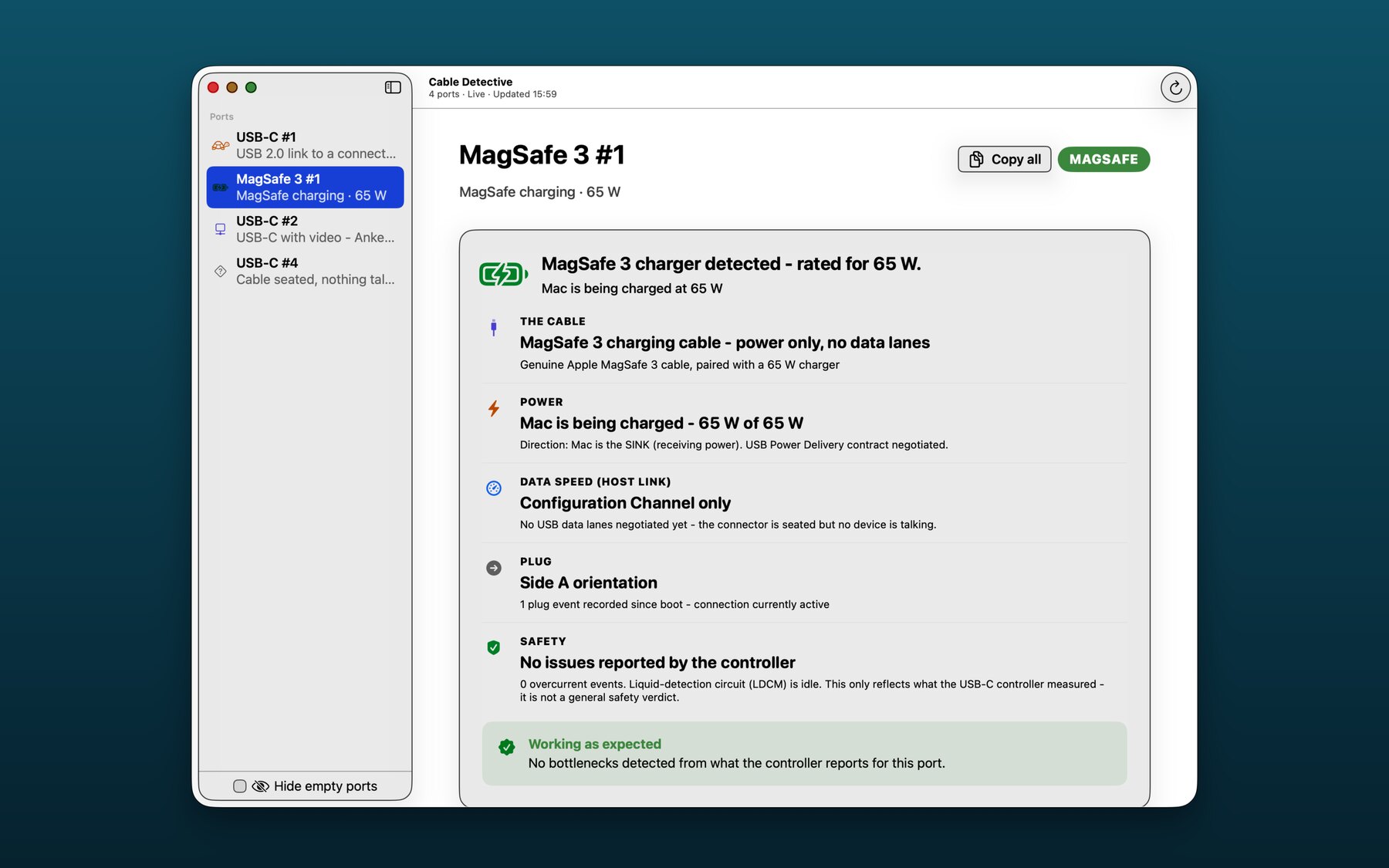Cable Detective showing MagSafe 3 #1 charging at 65 W. The hero card decodes the cable as a genuine Apple MagSafe 3 charging cable paired with a 65 W charger.