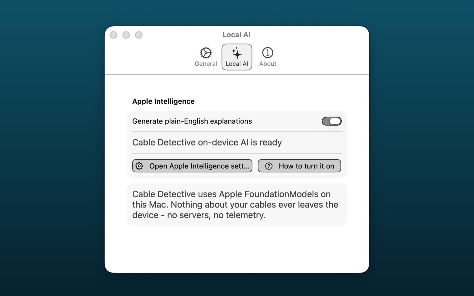 Cable Detective Settings - Local AI tab. The Apple Intelligence section has buttons that deep-link directly to the macOS Apple Intelligence settings pane and to Apple's official 'Turn on Apple Intelligence' guide.